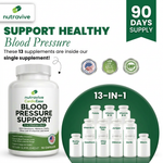 Nutravive blood pressure support supplement with 90-day supply and multiple vitamins on a white background